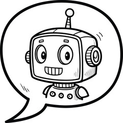 Cartoon robot in a speech bubble with a smiling face and antenna on its head in black and white style