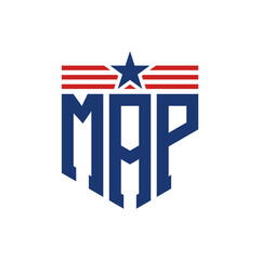Patriotic MAP Logo with Star and American Flag Straps. Letter MAP Logo with USA Flag