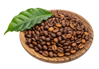Fototapeta premium Pile of roasted coffee beans with a green coffee leaf on a wooden plate, isolated on transparent background