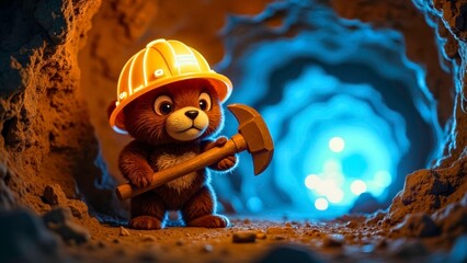 The little bear explorer wearing a safety helmet in the cave