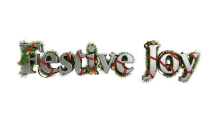 Festive joy text design with christmas elements and metallic letters isolated on transparent background