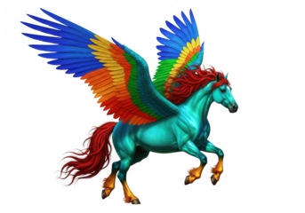 Vibrant rainbow pegasus flying mythical creature illustration fantasy art image graphic design element isolated on transparent background