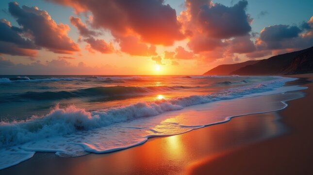 Dramatic sunset over tropical beach with fiery clouds and ocean waves