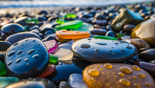 Macro close up of colorful sea glass and wet pebbles on a sunny beach at low tide - Powered by Adobe