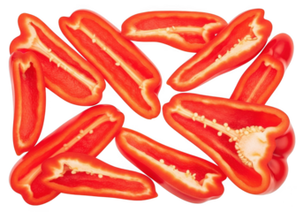 Halved red bell peppers scattered on a transparent background