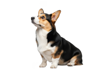 Adorable tri-color corgi dog sitting looking upward cutout png image for graphic design and digital projects isolated on transparent background