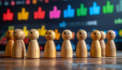 Wooden figurines with colorful digital thumbs-up icons and data graphics.