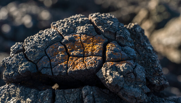 Close up of Cracked Basaltic Lava Rock with Iron Staining in Sunlight