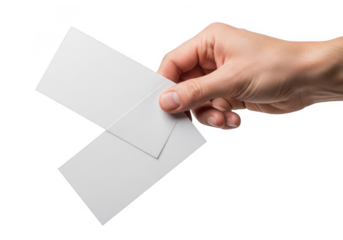 Hand holding blank white business cards mockup presentation template design elements isolated on transparent background