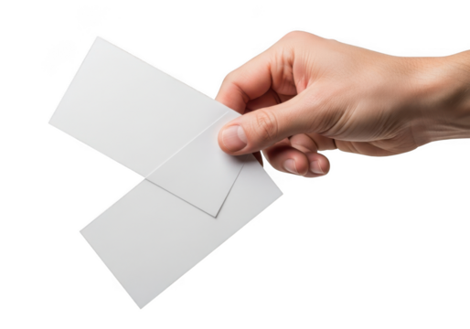 Hand holding blank white business cards mockup presentation template design elements isolated on transparent background