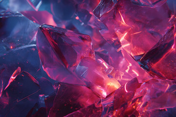 translucent glass shards lit by hot pink neon bursts over deep blue void creating dynamic abstract