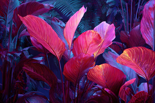 tropical leaves glowing in hot pink neon against a deep blue environment creating a futuristic botanical world