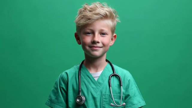Smiling child medical scrubs with stethoscope portrait green background expressing confident empathy young boy medical scrubs smiling with