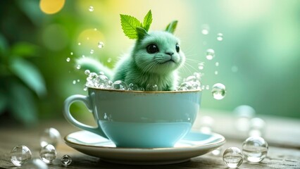 Dynamic interaction of cartoon small green plants in the cup