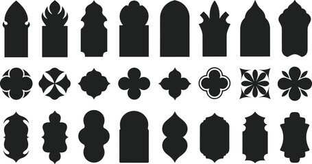 Black silhouette ornament set, decorative vector shapes, architectural motifs, floral elements, abstract panels, window design, traditional style, symmetrical icons