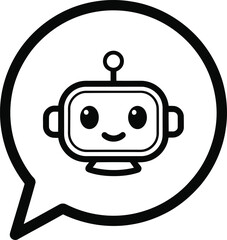 Obraz premium Illustration of a cute robot face inside a speech bubble in black and white outline style design