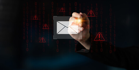Phishing email alert concept showing digital envelope with warning sign represents data theft, network breach, and email security threats. Parse