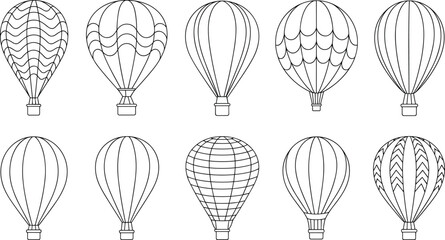 Black and white hot air balloon set, decorative vector icons, patterned envelope designs, travel clipart, retro style, whimsical illustration