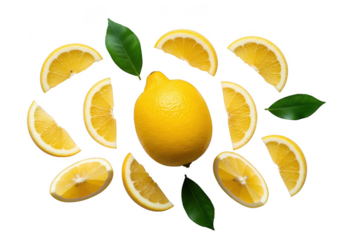 A whole lemon surrounded by slices and green leaves, isolated on transparent background
