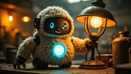 The heartwarming scene of robot cartoon holding lights