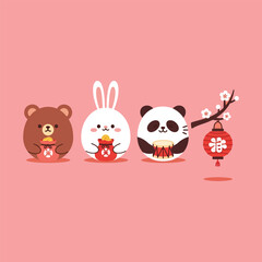 Obraz premium Cute cartoon bear rabbit and panda celebrating Chinese New Year.