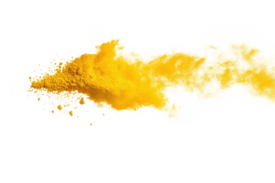 Golden yellow powder explosion cloud dust effect particle flow isolated design element png image, perfect for compositing and design projects isolated on transparent background