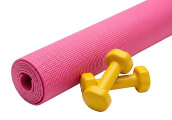 Pink yoga mat and yellow dumbbells isolated on transparent background