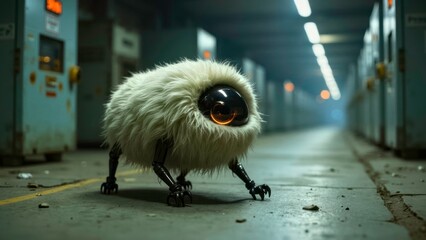 The running scene of the plush robot in the corridor