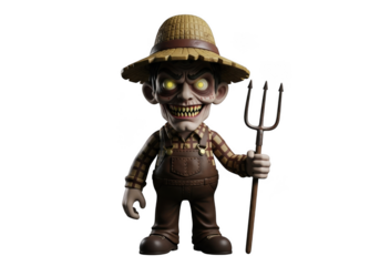 Creepy scarecrow farmer with pitchfork halloween character illustration, spooky harvest figure, isolated on transparent background