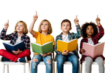 Four Diverse School Children Sitting Holding Books Raising Hands
