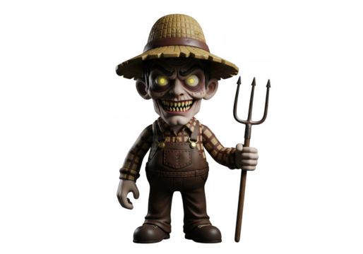 Creepy scarecrow farmer with pitchfork halloween character illustration, spooky harvest figure, isolated on transparent background