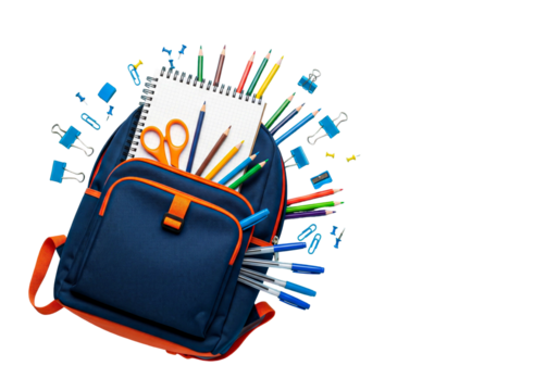 Open Backpack with School Supplies Exploding Out, Including Pencils, Notebook, and Clips, Isolated on White Background.