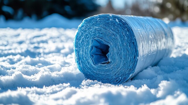 Rolling blue tarp on snow-covered ground near trees during winter season