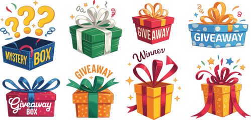 Colorful giveaway gift box set, mystery prize packaging, festive vector illustration, ribbon wrapped presents, contest reward icons, celebration design