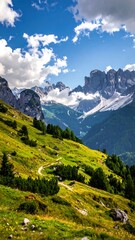 Fototapeta premium Lush, verdant mountain slopes leading towards snow-capped peaks