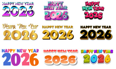 Vector illustration of colorful lettering elements of Happy New Year 2026 on transparent background.
