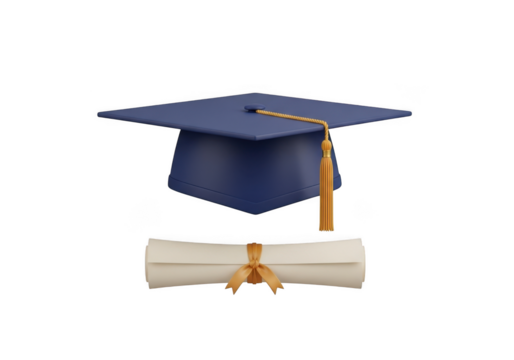 Graduation cap and diploma scroll 3d render academic achievement ceremony education success isolated on transparent background