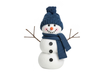 Cute snowman decoration with blue hat and scarf, isolated on transparent background
