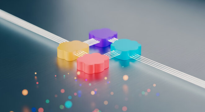 A captivating view of four interconnected colorful geometric shapes arranged on a sleek reflective surface, sparking creativity and connection.