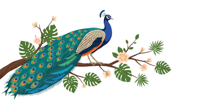 An elegant peacock displays its stunning plumage while resting on a flowery branch surrounded by lush tropical leaves.