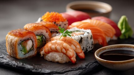 A plate of sushi with a variety of different types of sushi rolls