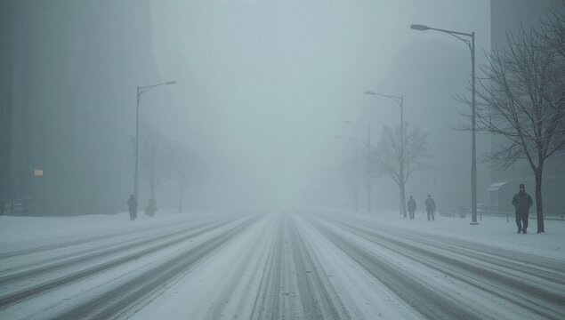 Severe Blizzard Causing Extremely Low Visibility on City Street with Heavy Snowfall, Strong Winds, Blurred Buildings, and Dangerous Winter Weather Conditions Impacting Urban Environment