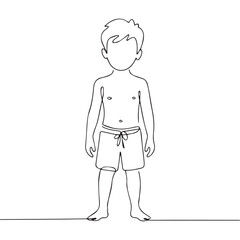 One continuous line illustration of an kid in the beach with hat, isolated on white background.	