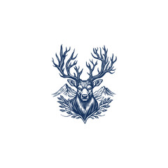 Fototapeta premium vintage engraving or sketch illustration depicting a majestic deer head with large branched antlers, centered over a rugged mountain range