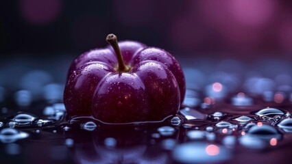 Bright toned food scene of purple plum breaking water