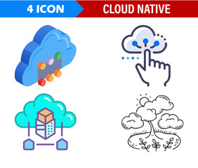 Four cloud native icons showing different representations of cloud computing and related technologies