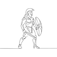 One continuous line illustration of an spartan worrior, isolated on white background.	