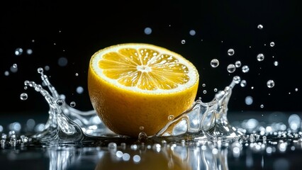 Bright toned food scene with yellow lemon splashing water