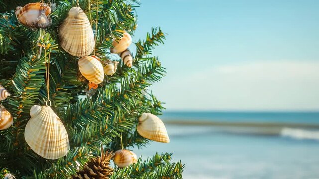 A Christmas tree adorned with seashells stands against the backdrop of the ocean on a clear sunny day, creating a festive coastal atmosphere