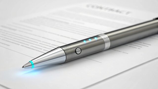 3D Minimal Business Icons A modern silver pen rests on a document, emphasizing professionalism and technology in writing. - Powered by Adobe